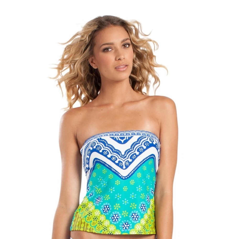 Trina Turk Blue White Green Patterned Strapless Swim Top